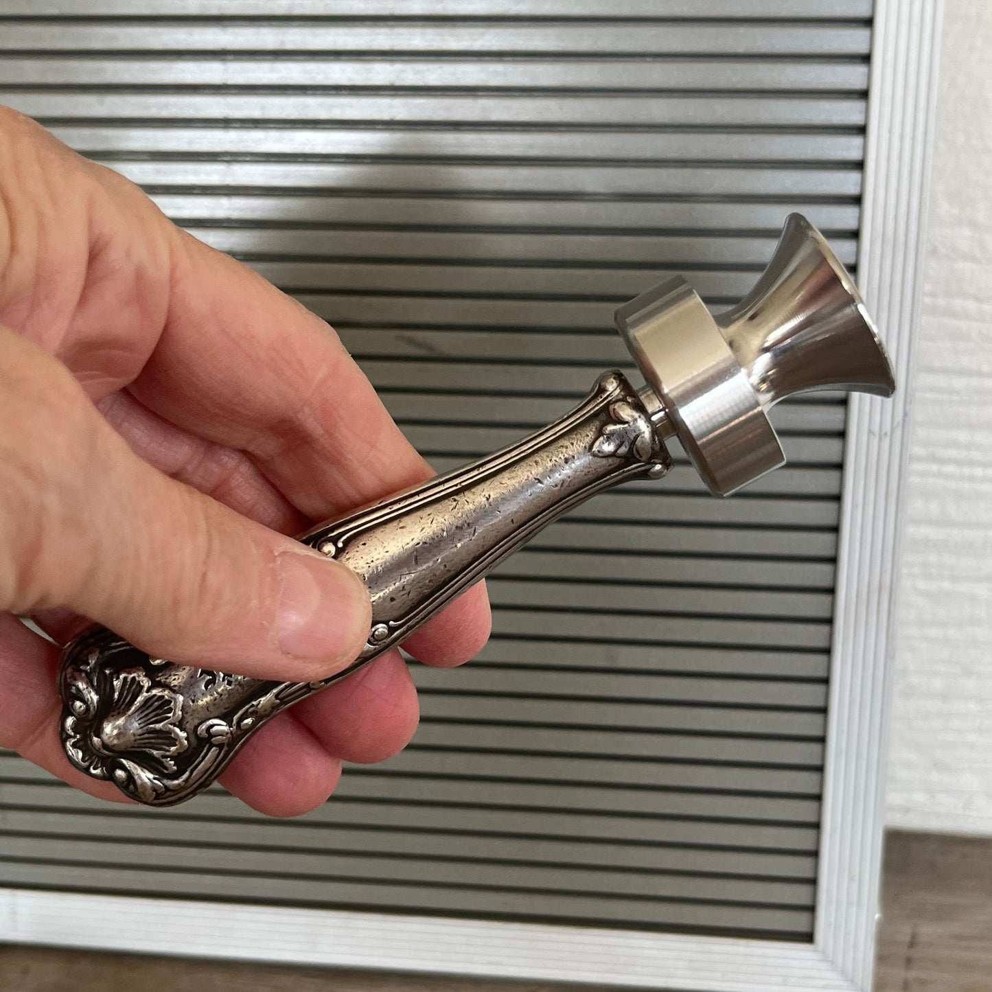 Gorham Regent knife bottle opener with Atlantic monogram in hand for scale - handcrafted upcycled 1903 vintage silverplate accessory - Laughing Frog Studio