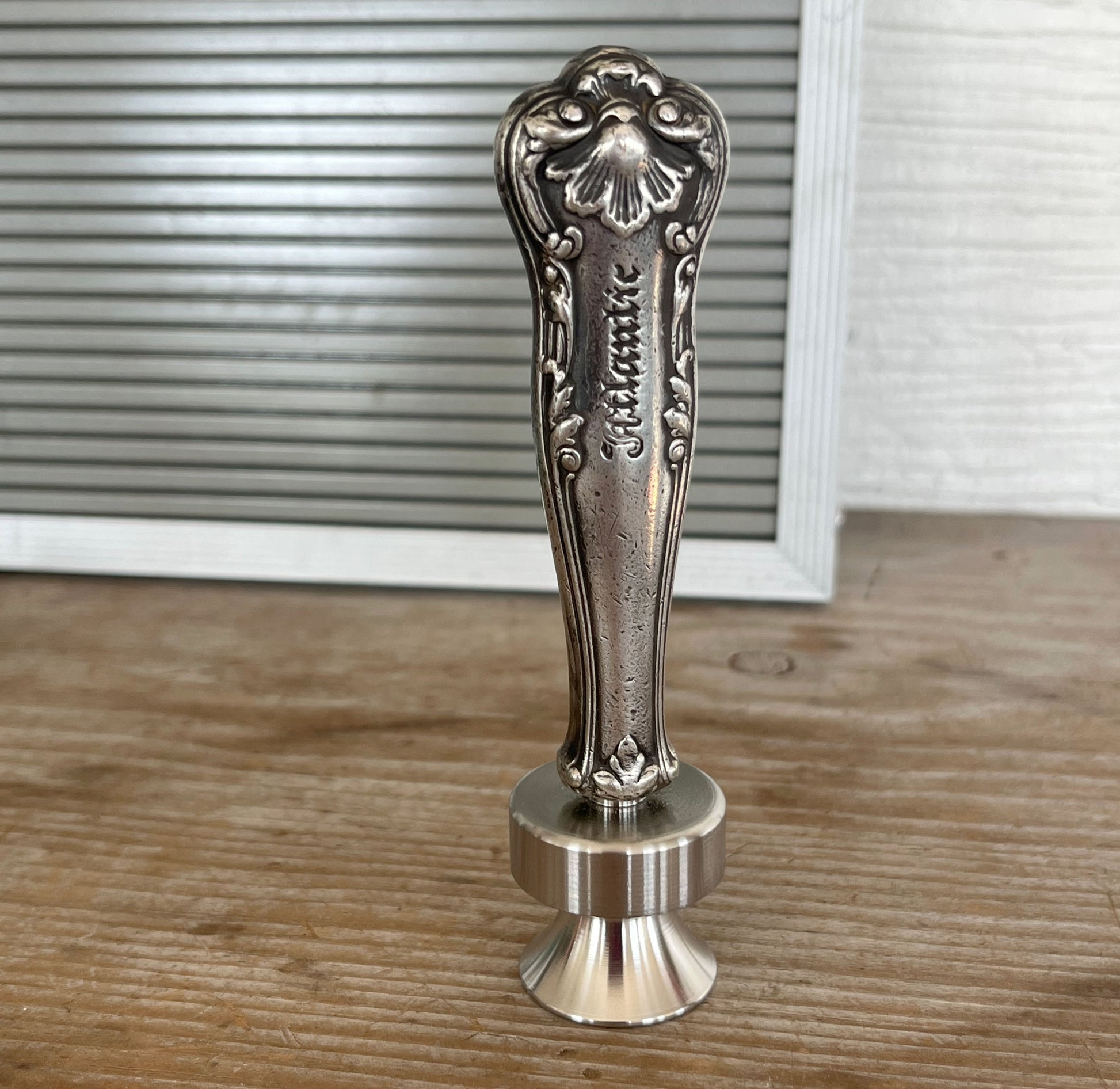 Gorham Regent knife bottle opener detail of Atlantic monogram - handcrafted upcycled 1903 vintage silverplate accessory - Laughing Frog Studio