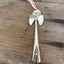 Frances artisan angel ornament with spoon handle body and spoon bowl wings with red striped ribbon hanger - handcrafted upcycled vintage silverware ornament - Laughing Frog Studio