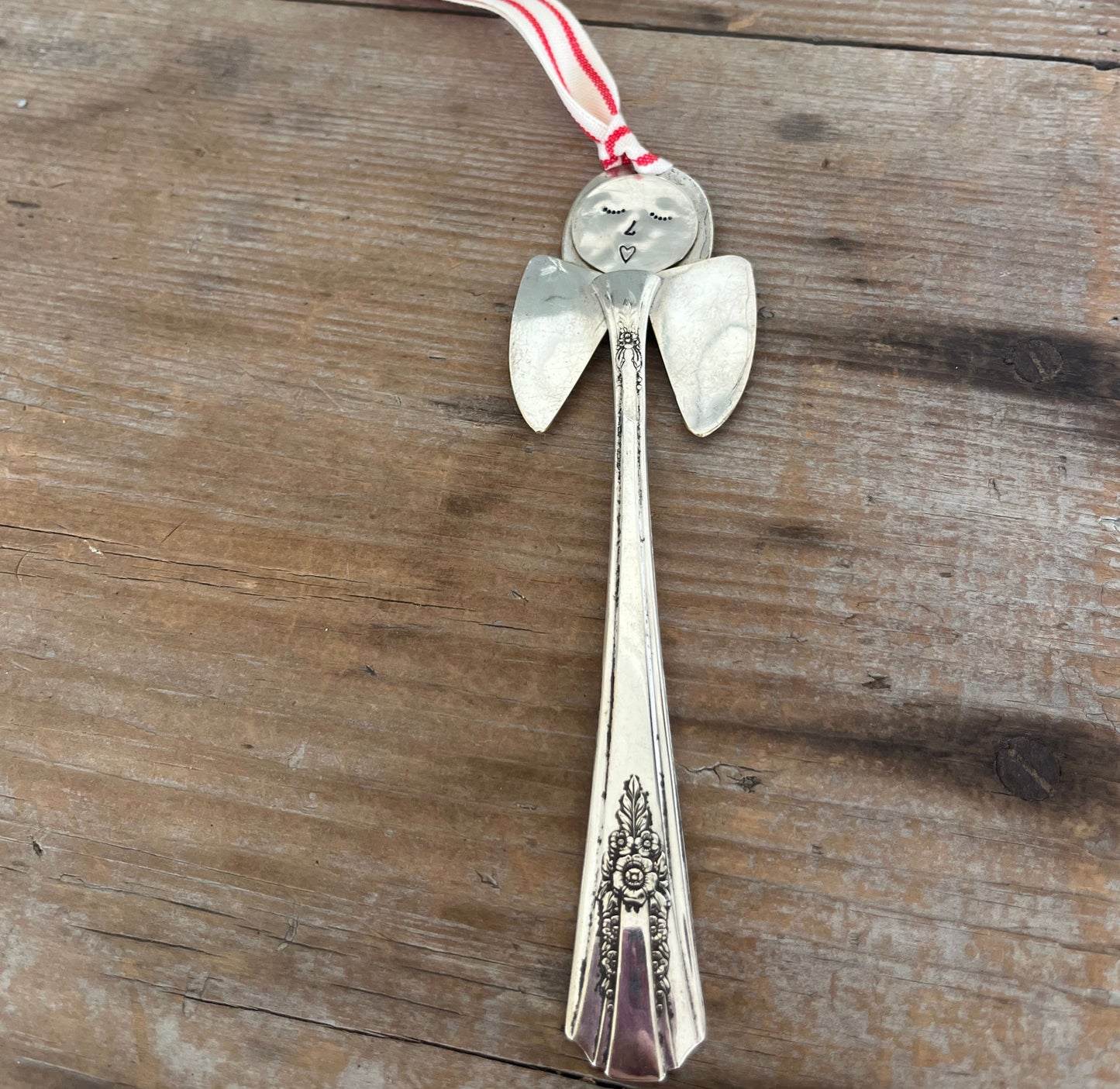 Frances artisan angel ornament with spoon handle body and spoon bowl wings with red striped ribbon hanger - handcrafted upcycled vintage silverware ornament - Laughing Frog Studio