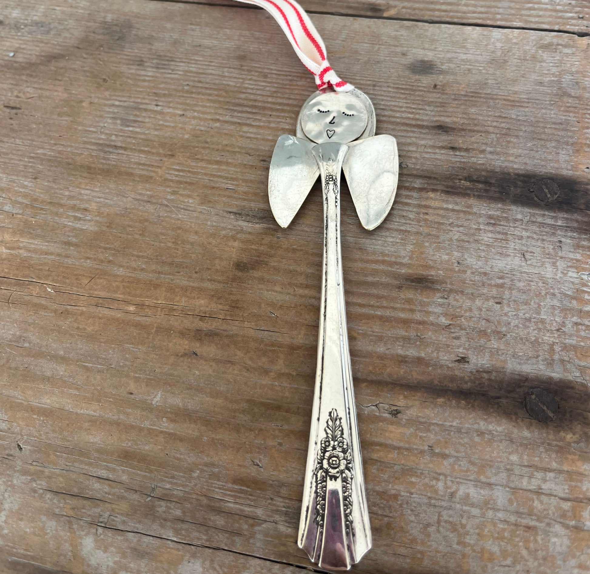 Frances artisan angel ornament with spoon handle body and spoon bowl wings with red striped ribbon hanger - handcrafted upcycled vintage silverware ornament - Laughing Frog Studio