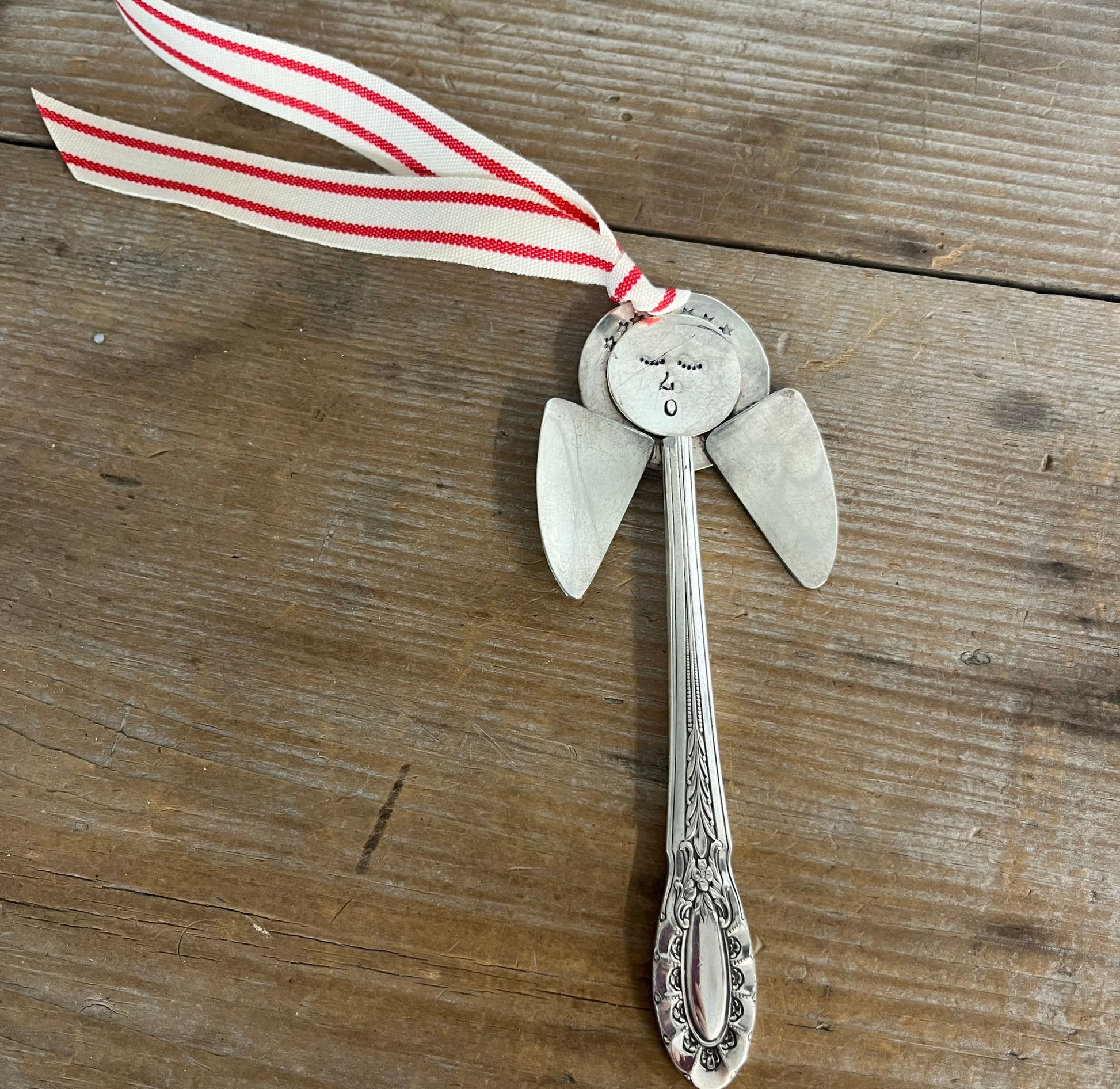 Josephine pattern artisan angel ornament with spoon handle body and spoon bowl wings with red striped ribbon hanger - handcrafted upcycled vintage silverware ornament - Laughing Frog Studio