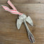 Pearl artisan angel ornament with spoon handle body and spoon bowl wings with red striped ribbon hanger - handcrafted upcycled vintage silverware ornament - Laughing Frog Studio