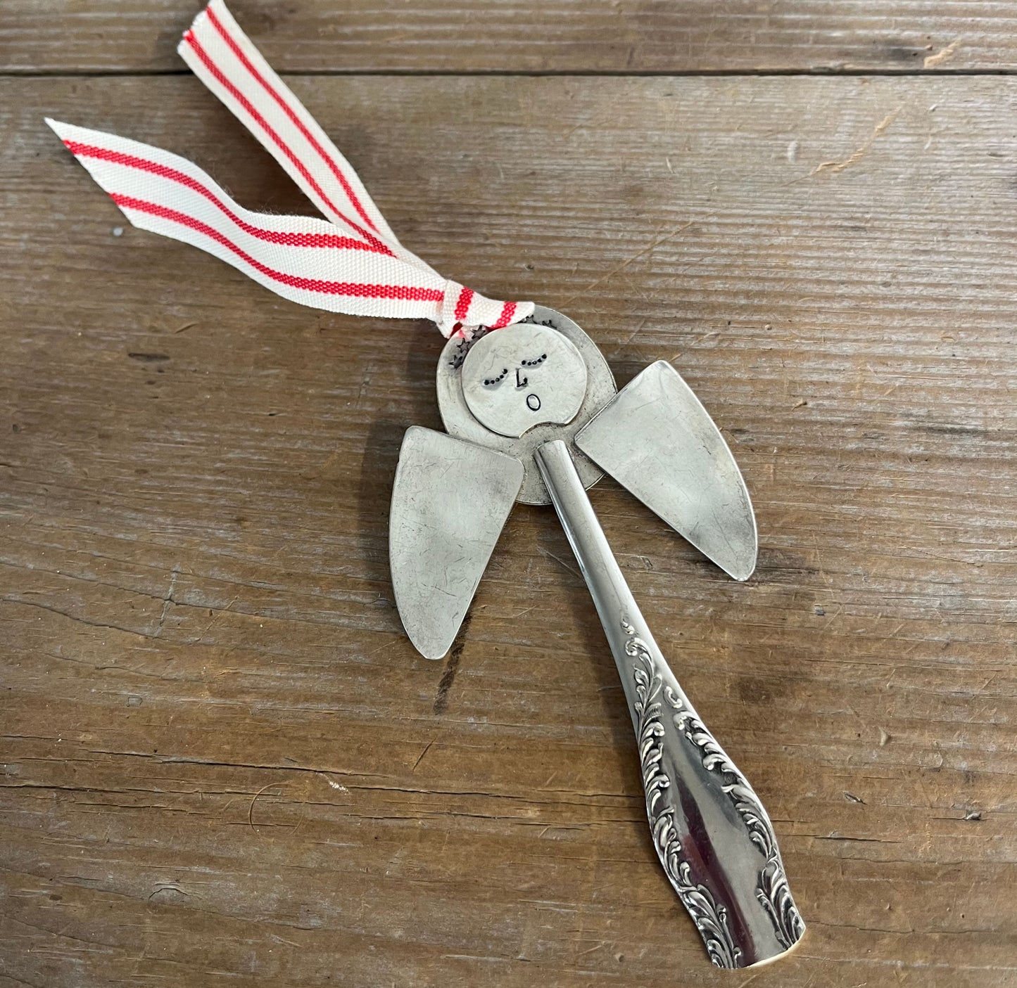 Pearl artisan angel ornament with spoon handle body and spoon bowl wings with red striped ribbon hanger - handcrafted upcycled vintage silverware ornament - Laughing Frog Studio