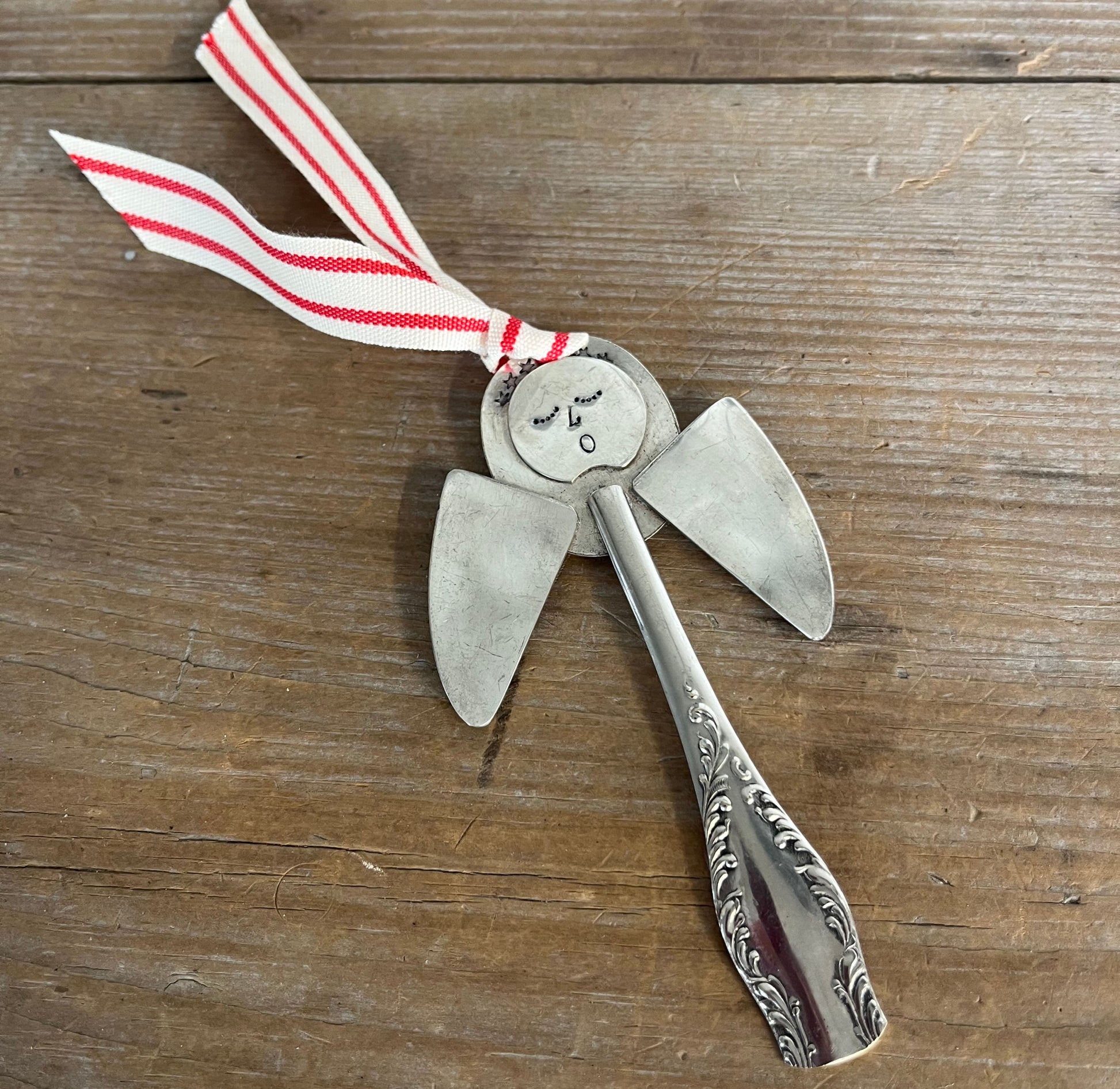 Pearl artisan angel ornament with spoon handle body and spoon bowl wings with red striped ribbon hanger - handcrafted upcycled vintage silverware ornament - Laughing Frog Studio