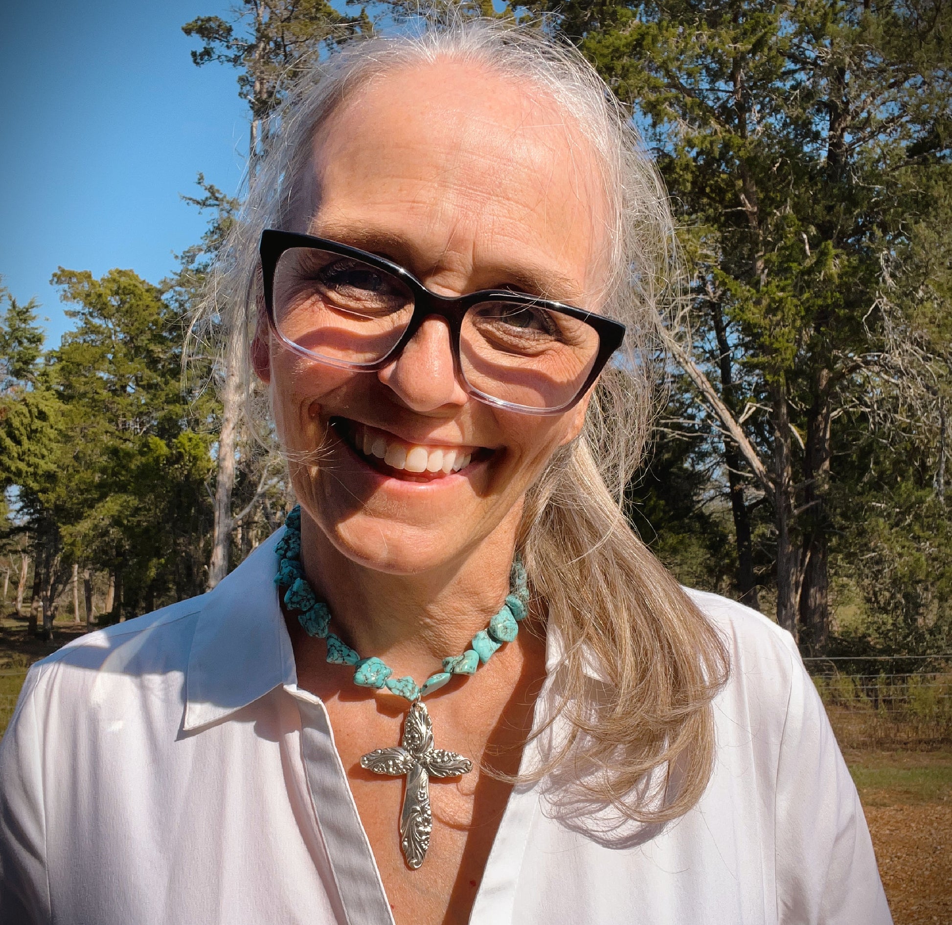 Spoon cross pendant on chunky turquoise howlite choker necklace - Evening Star pattern shown on model