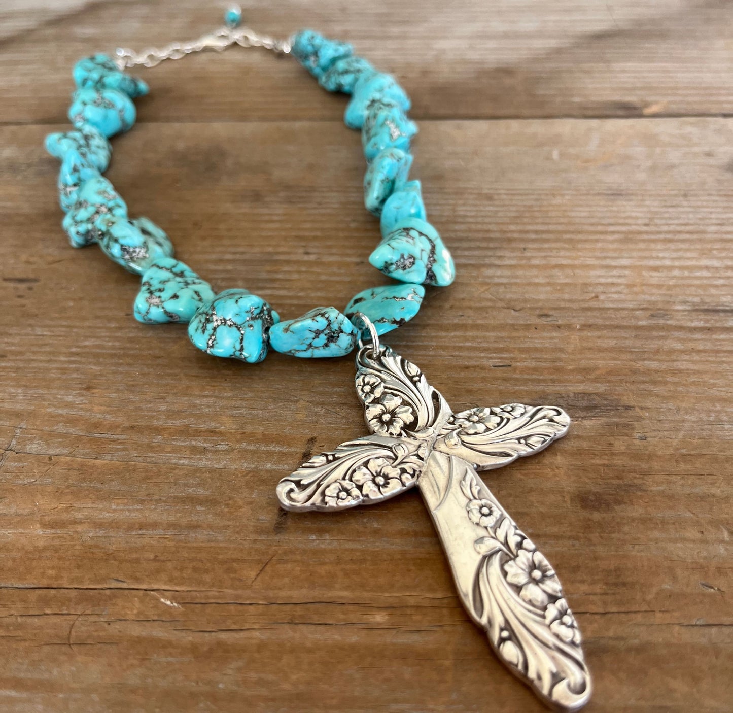 Handmade spoon cross pendant on chunky turquoise howlite choker necklace - Evening Star silverware pattern