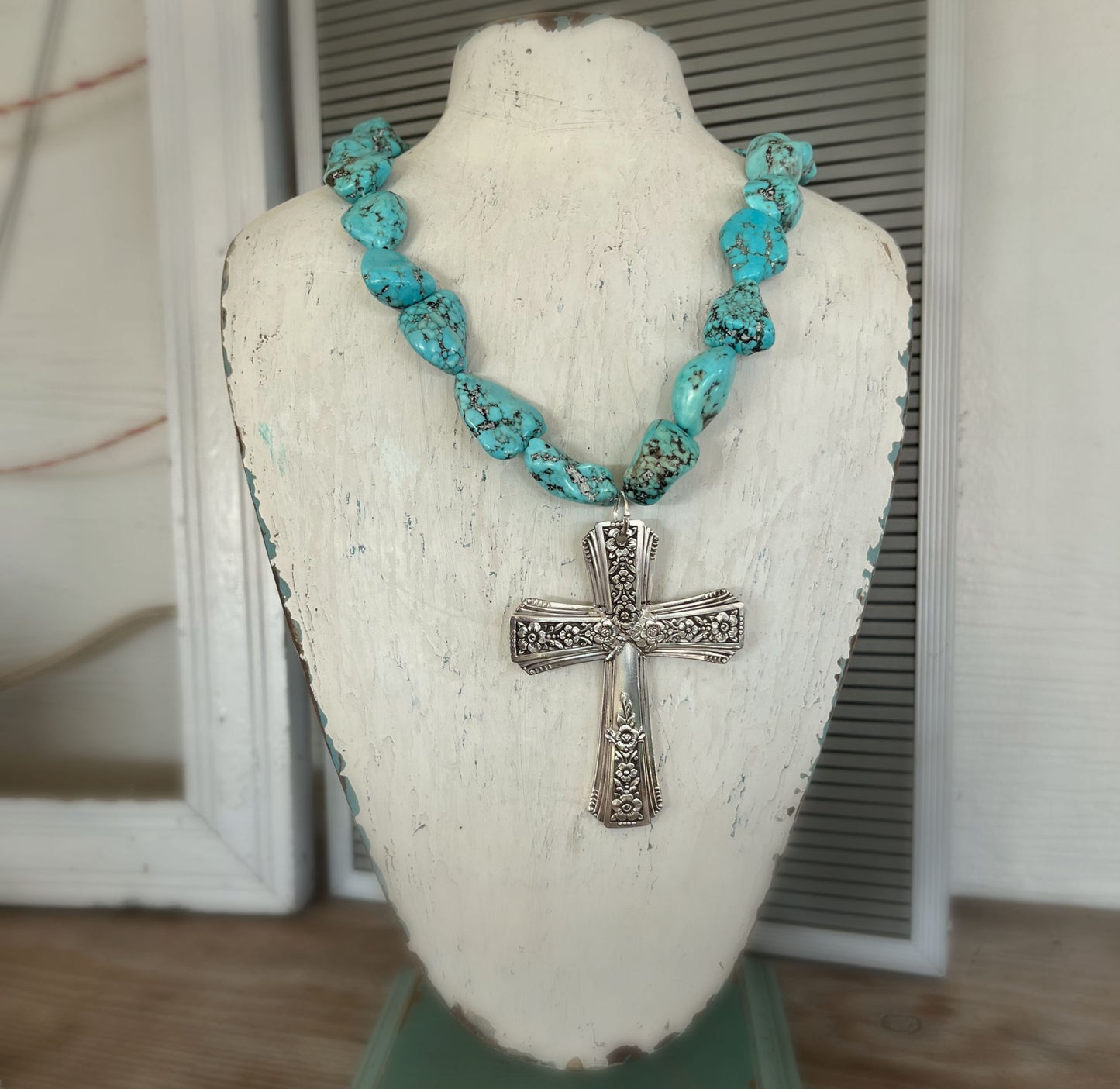 Chunky turquoise howlite stone choker with vintage Fortune silverware cross pendant - handmade artisan boho jewelry