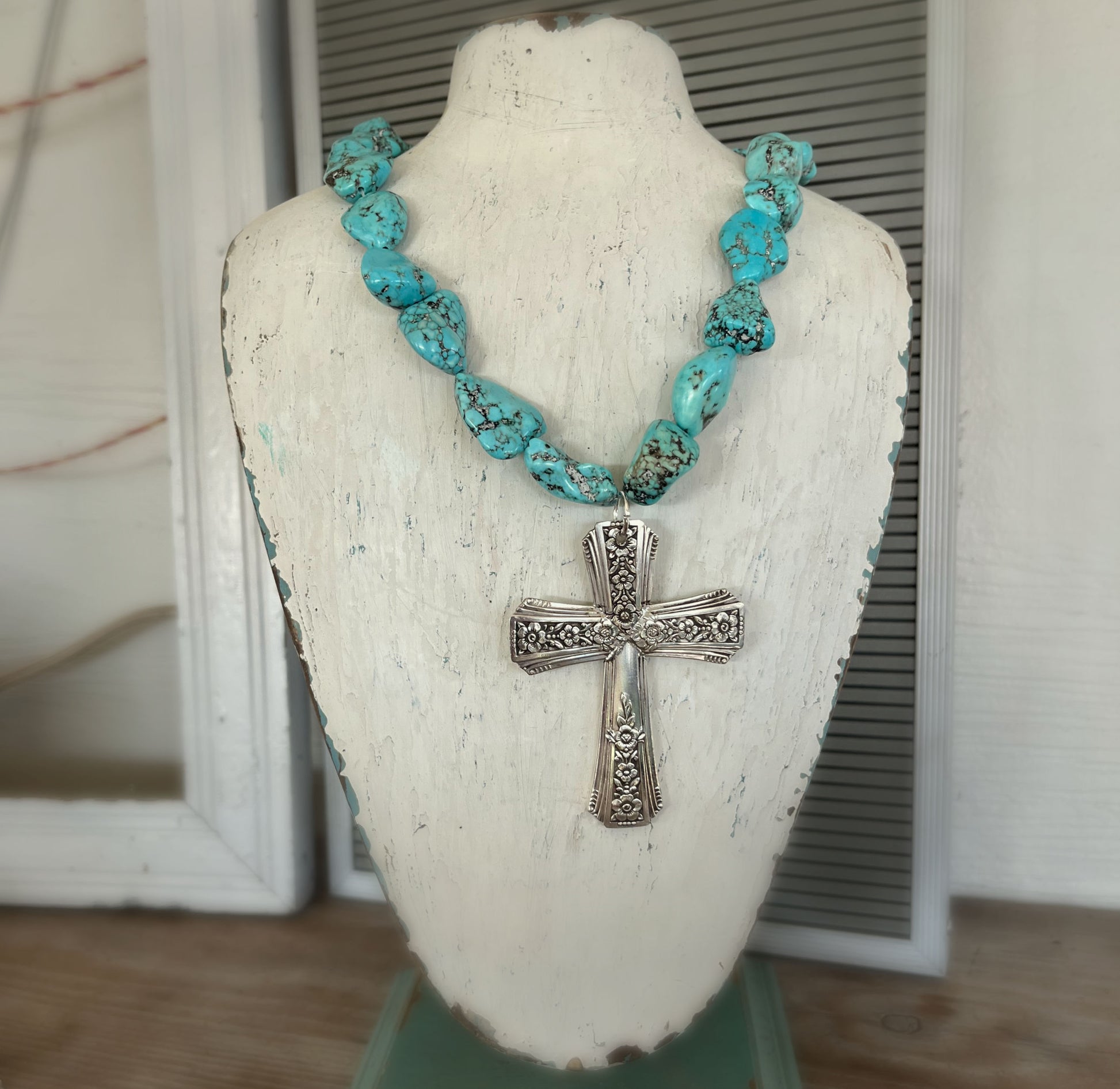 Chunky turquoise howlite stone choker with vintage Fortune silverware cross pendant - handmade artisan boho jewelry
