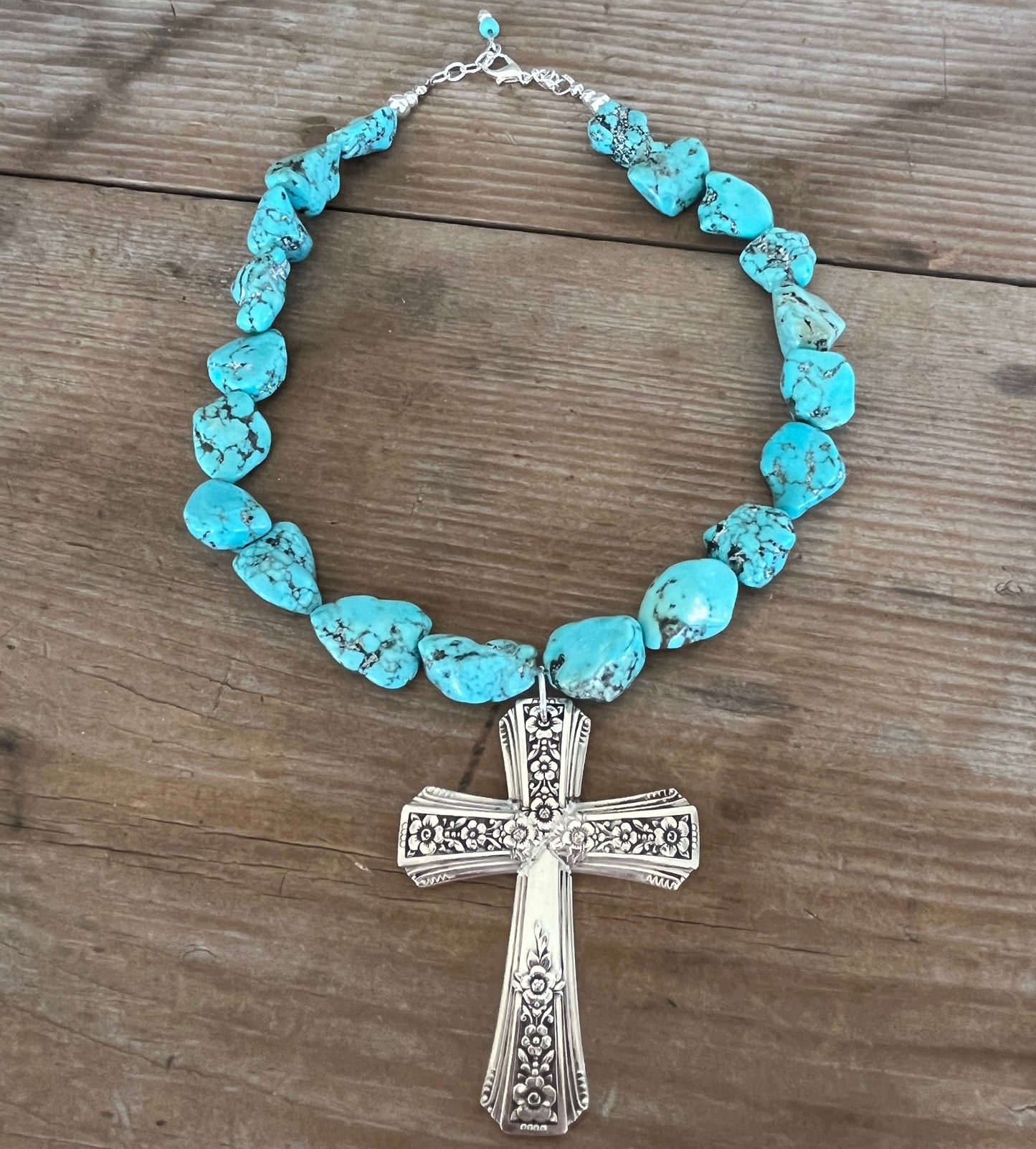 Eco-friendly boho turquoise howlite stone choker with upcycled vintage Fortune spoon cross - handmade artisan statement necklace