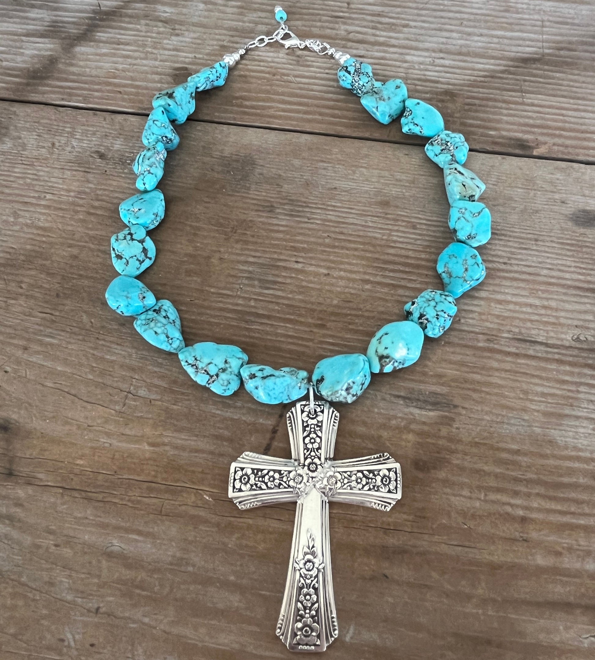 Eco-friendly boho turquoise howlite stone choker with upcycled vintage Fortune spoon cross - handmade artisan statement necklace