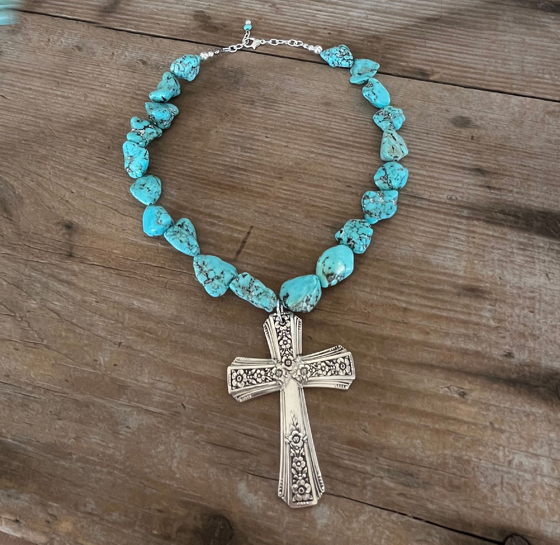 Handcrafted Fortune spoon cross pendant on chunky turquoise howlite choker necklace - premium artisan upcycled silverware jewelry
