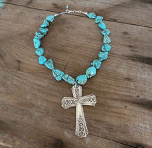 Spoon Cross Pendant on Chunky Turquoise Howlite Choker Necklace - FORTUNE - #6083