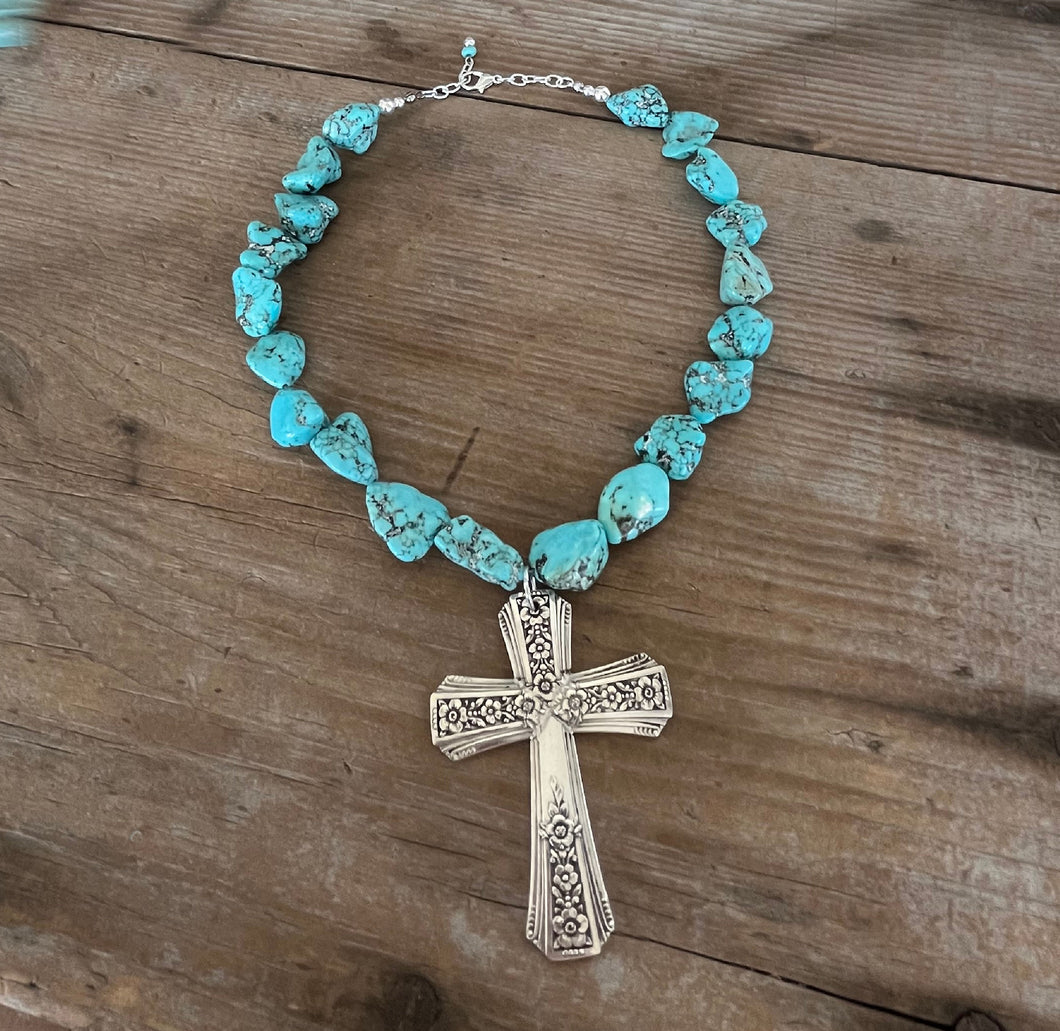 Spoon Cross Pendant on Chunky Turquoise Howlite Choker Necklace - FORTUNE - #6083