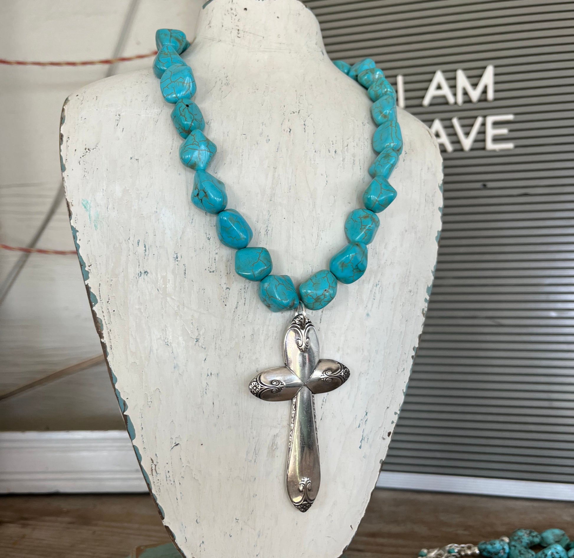 Vintage 1940 William Rogers Exquisite spoon handles transformed into artisan cross pendant on turquoise howlite choker
