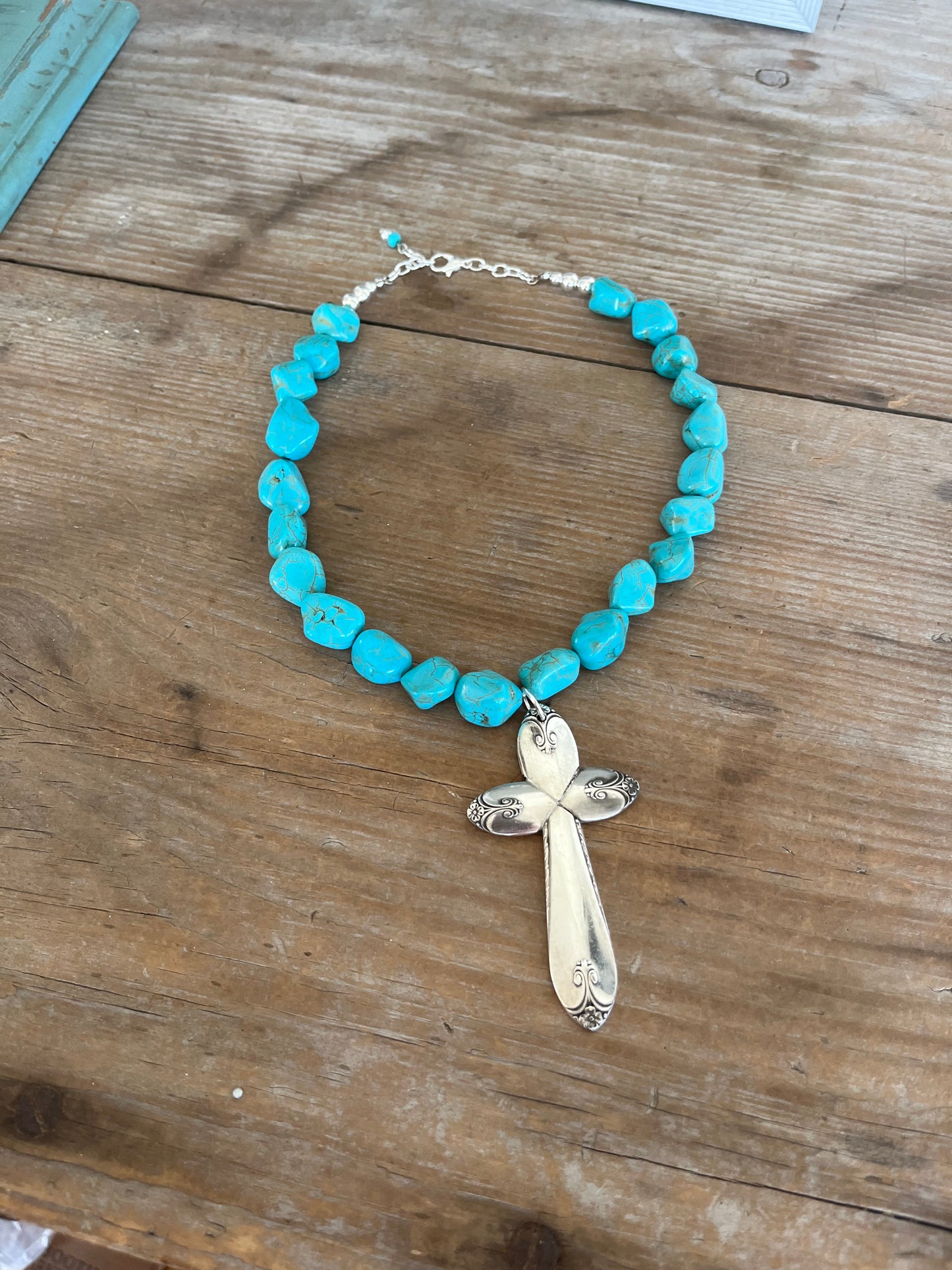 Handcrafted spoon cross pendant on chunky turquoise howlite choker necklace - vintage Exquisite silverware jewelry