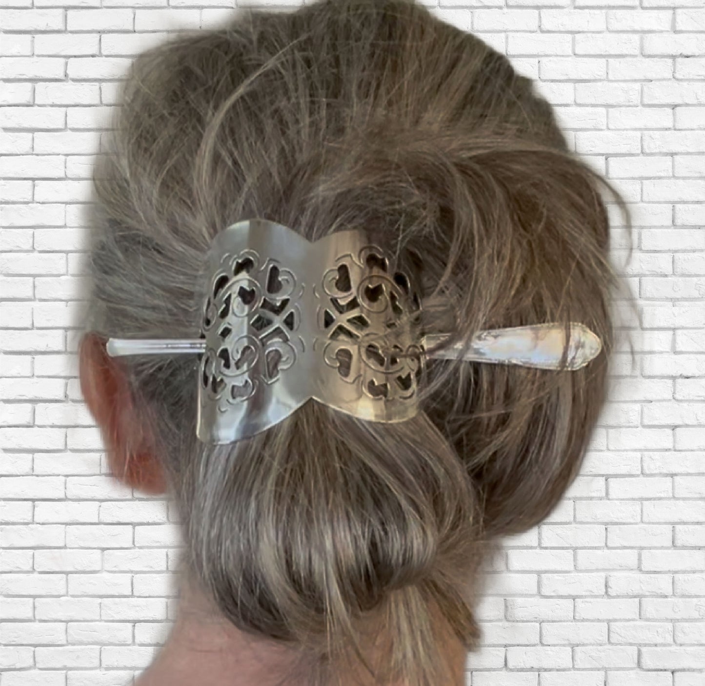 Danish cake server hair barrette with filigree floral cutout and meadow flower stick pin worn in updo - handcrafted upcycled vintage silverware hair accessory - Laughing Frog Studio