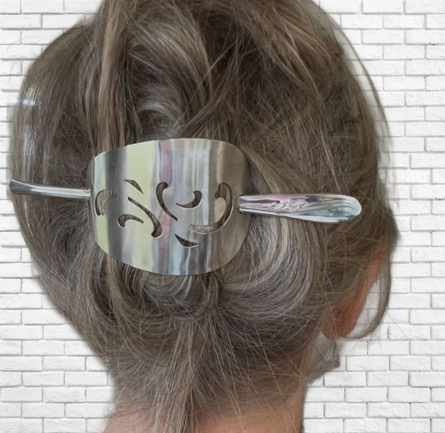 Cake server hair barrette with cut-out scroll design with Oneida Meadowbrook stick worn in updo - handcrafted upcycled vintage silverware hair accessory - Laughing Frog Studio