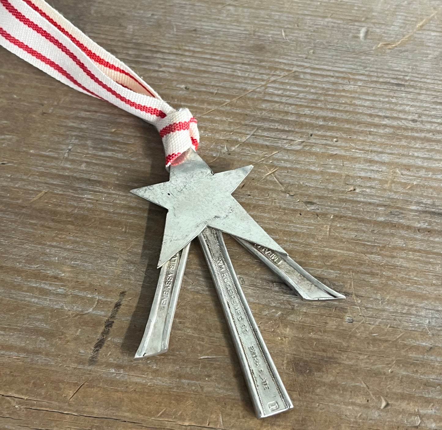 Scrap silverware Christmas tree shaped ornament with a star and red striped ribbon hanger - handcrafted upcycled vintage silverware ornament - Laughing Frog Studio