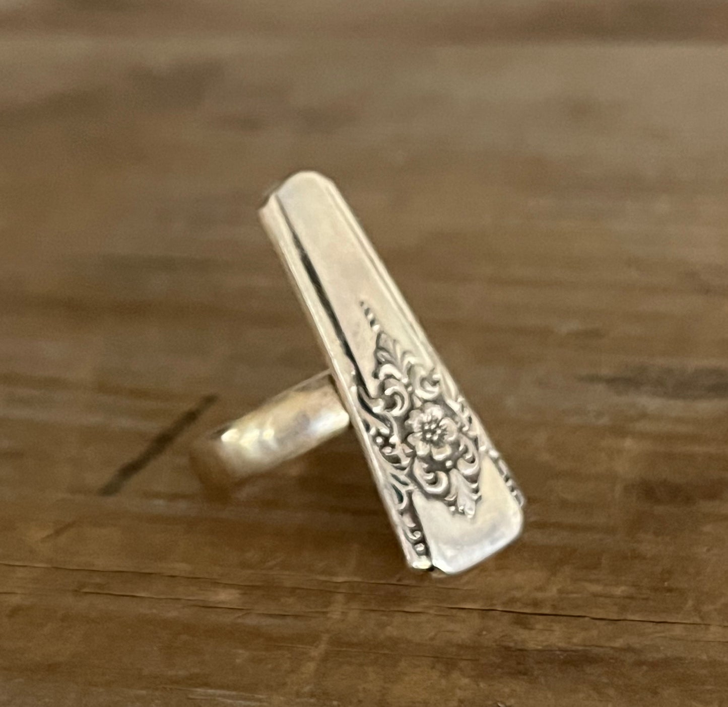Handmade Mountain Rose spoon ring crafted from vintage 1954 William Rogers silverware by Laughing Frog Studio