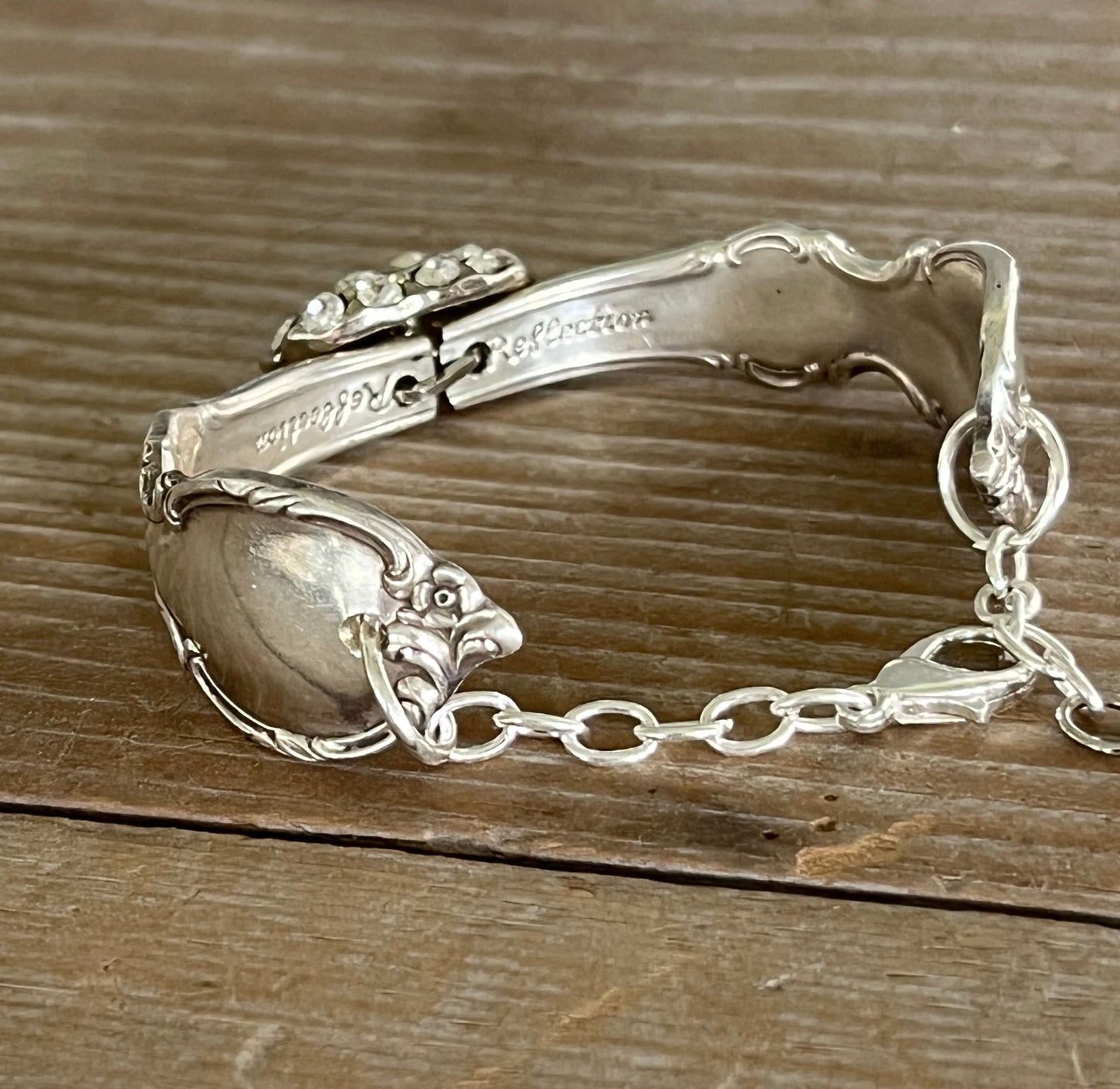 Inside view of detail and name on 1847 Rogers Brothers Reflection pattern spoon link bracelet - Laughing Frog Studio