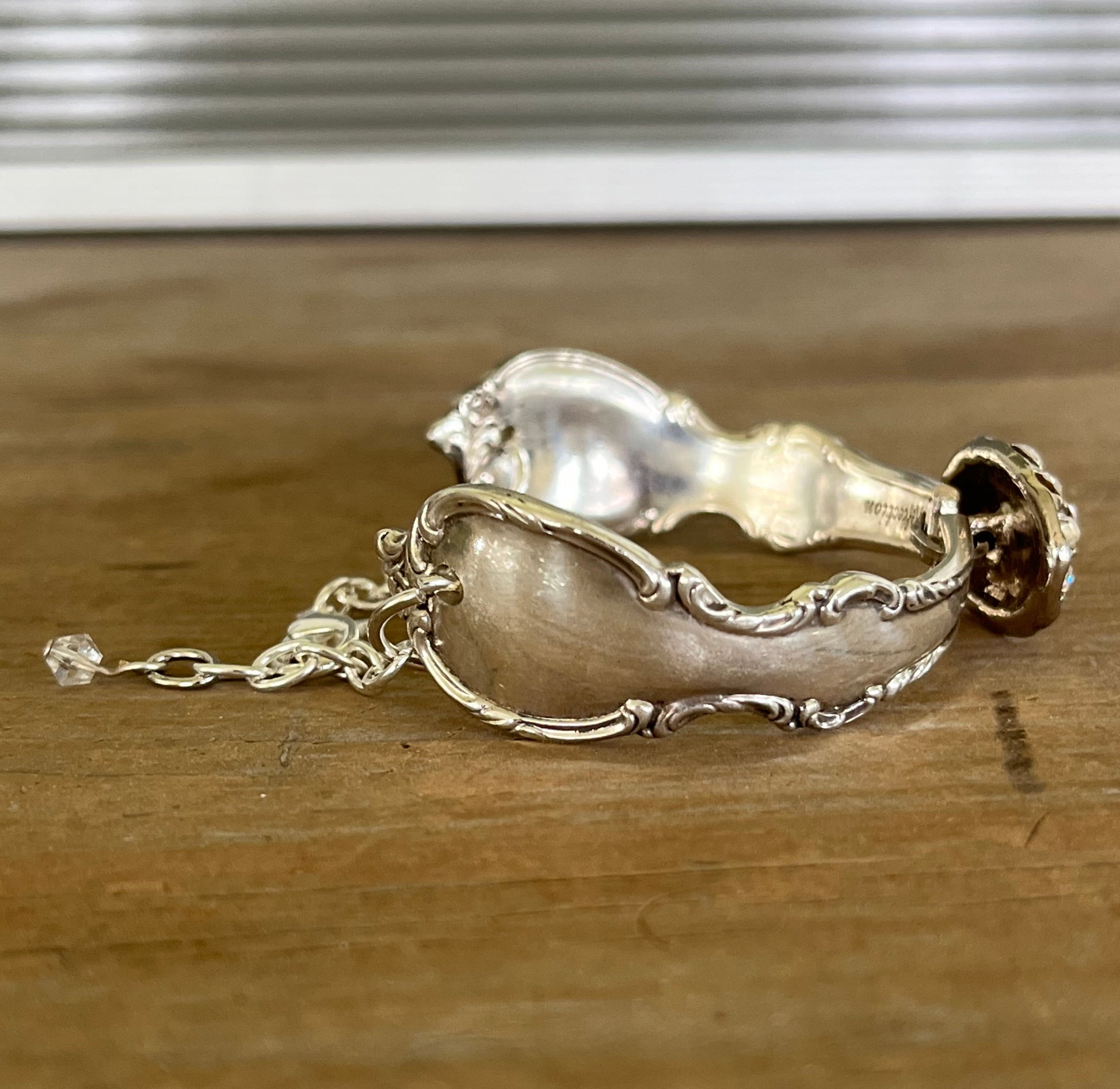Detailed side view 1847 Rogers Brothers Reflection pattern spoon link bracelet - handcrafted from upcycled vintage silverware - Laughing Frog Studio