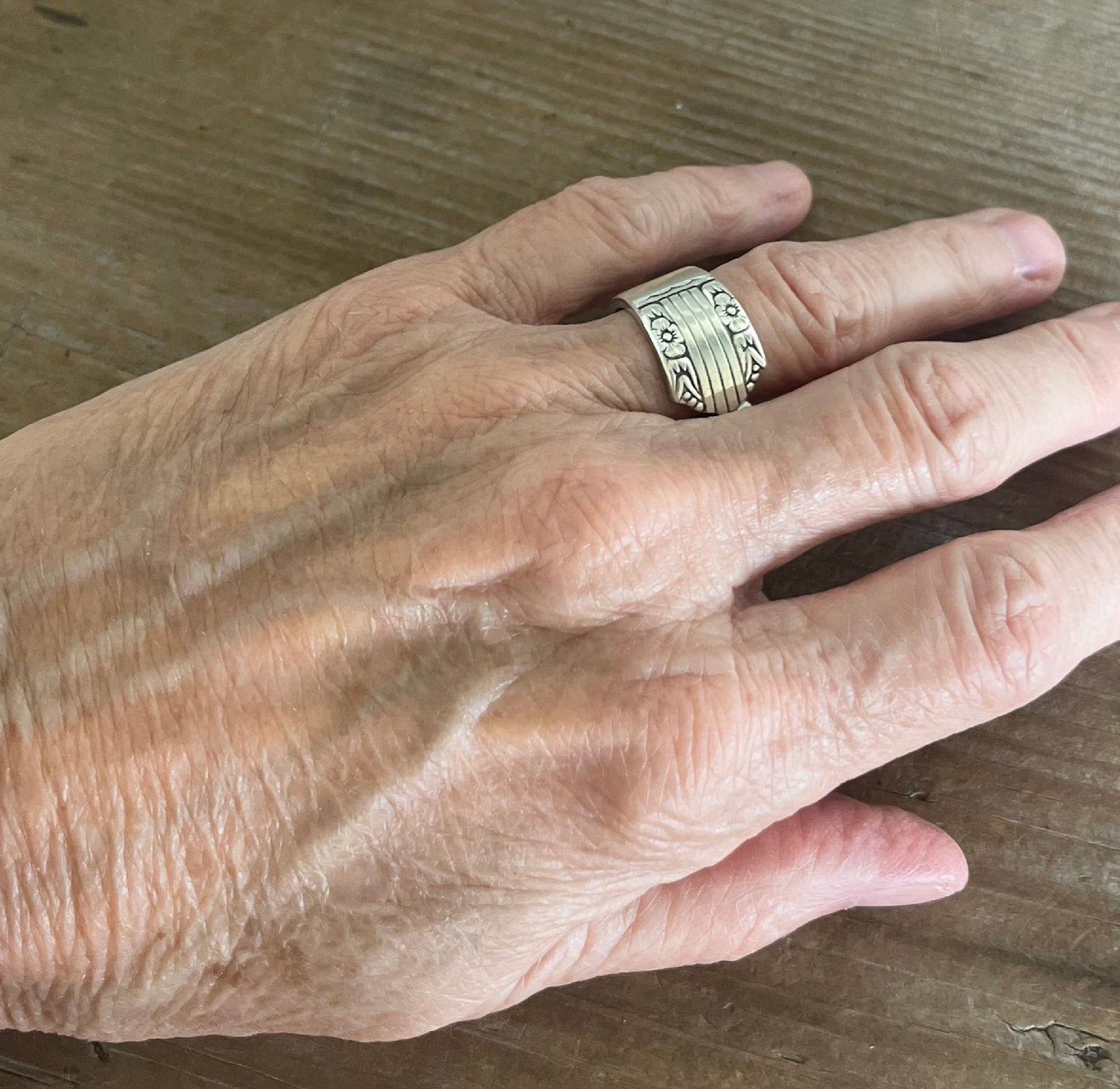 HARMONY spoon ring on hand - handcrafted from 1938 Oneida vintage silverplate - Laughing Frog Studio