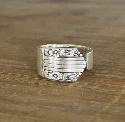 Front view of HARMONY spoon ring band - handcrafted upcycled silverware jewelry - Laughing Frog Studio