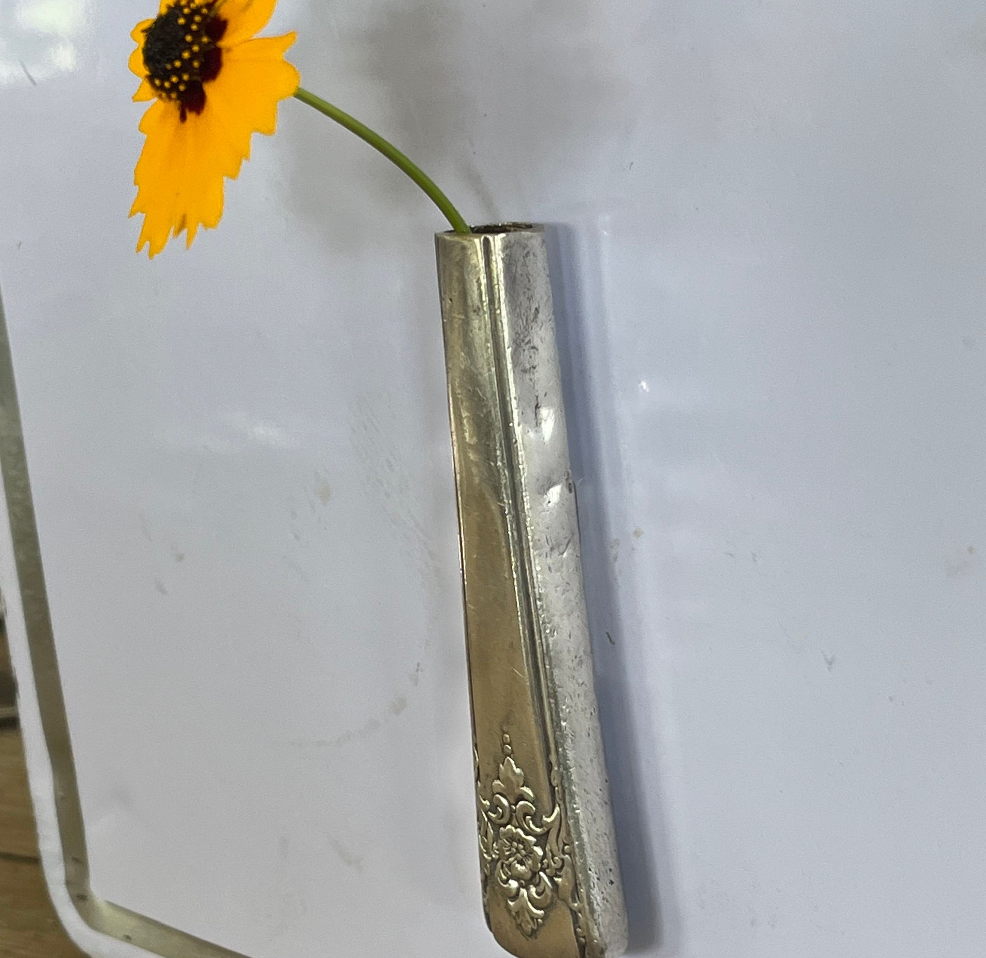 Side view of magnet mount Mountain Rose silver-plate knife handle bud vase - handcrafted from upcycled vintage silverware - Laughing Frog Studio