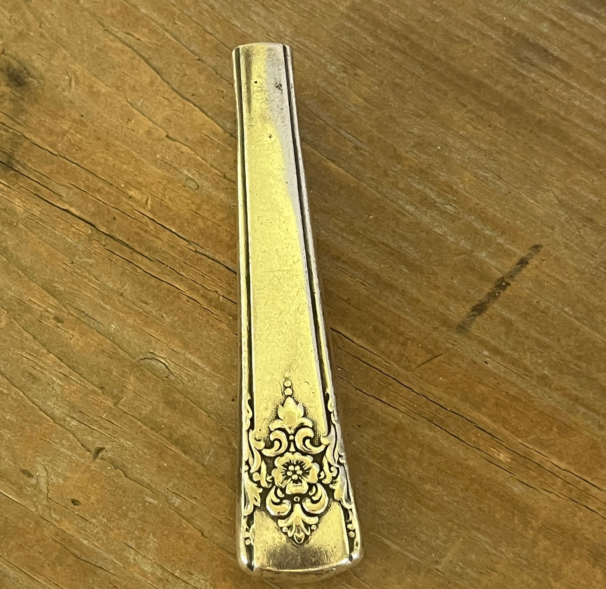 Top view of unique magnet mount Mountain Rose silver-plate knife handle bud vase - handcrafted from upcycled vintage silverware - Laughing Frog Studio