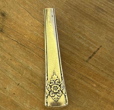 Top view of unique magnet mount Mountain Rose silver-plate knife handle bud vase - handcrafted from upcycled vintage silverware - Laughing Frog Studio