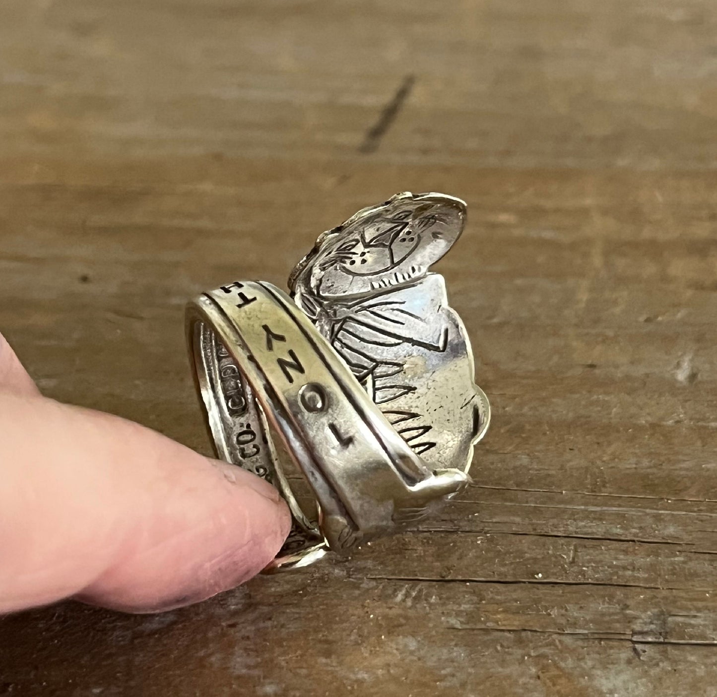 Close-up of inside of Tony the Tiger spoon ring coil detail and silverplate finish - Spoon Ring - handcrafted from upcycled vintage silverware - Laughing Frog Studio