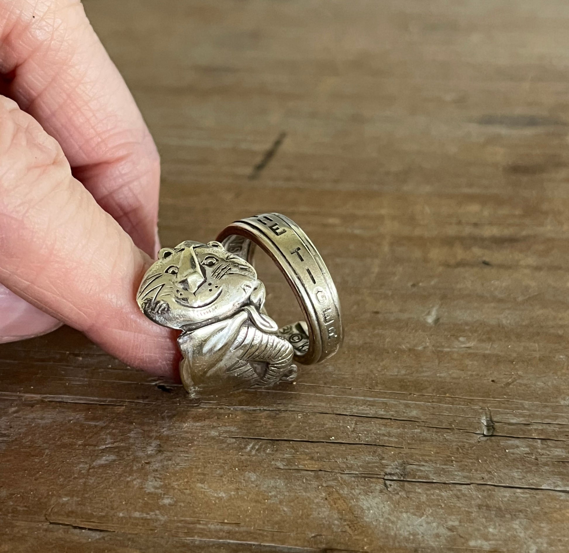 Side profile of Tony the Tiger coil-wrap ring showing twisted silverplate band - Spoon Ring - handcrafted from upcycled vintage silverware - Laughing Frog Studio