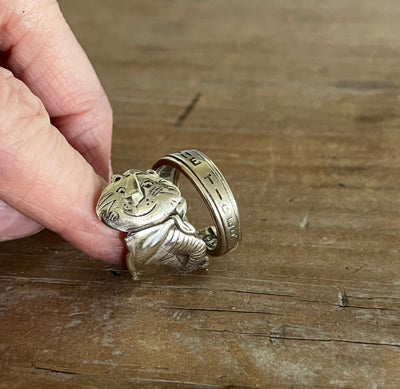 Side profile of Tony the Tiger coil-wrap ring showing twisted silverplate band - Spoon Ring - handcrafted from upcycled vintage silverware - Laughing Frog Studio