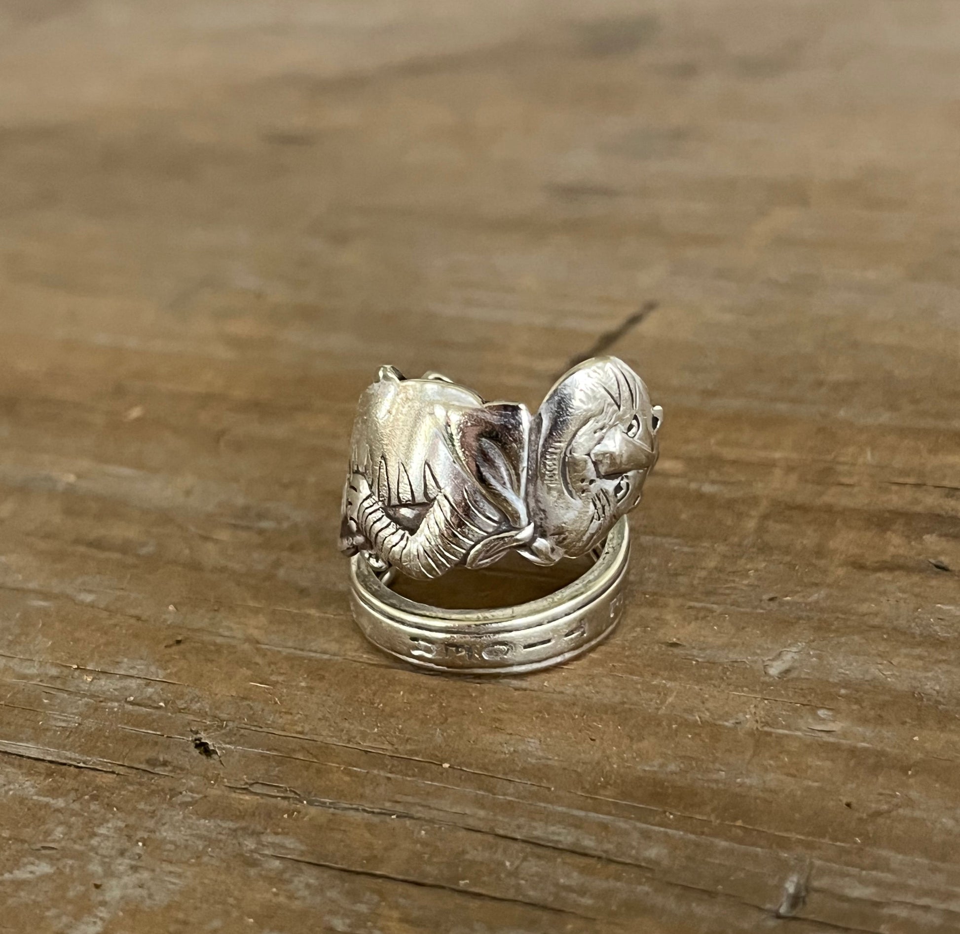 Tony the Tiger commemorative spoon ring worn on hand, size 9 adjustable - Spoon Ring - handcrafted from upcycled vintage silverware - Laughing Frog Studio