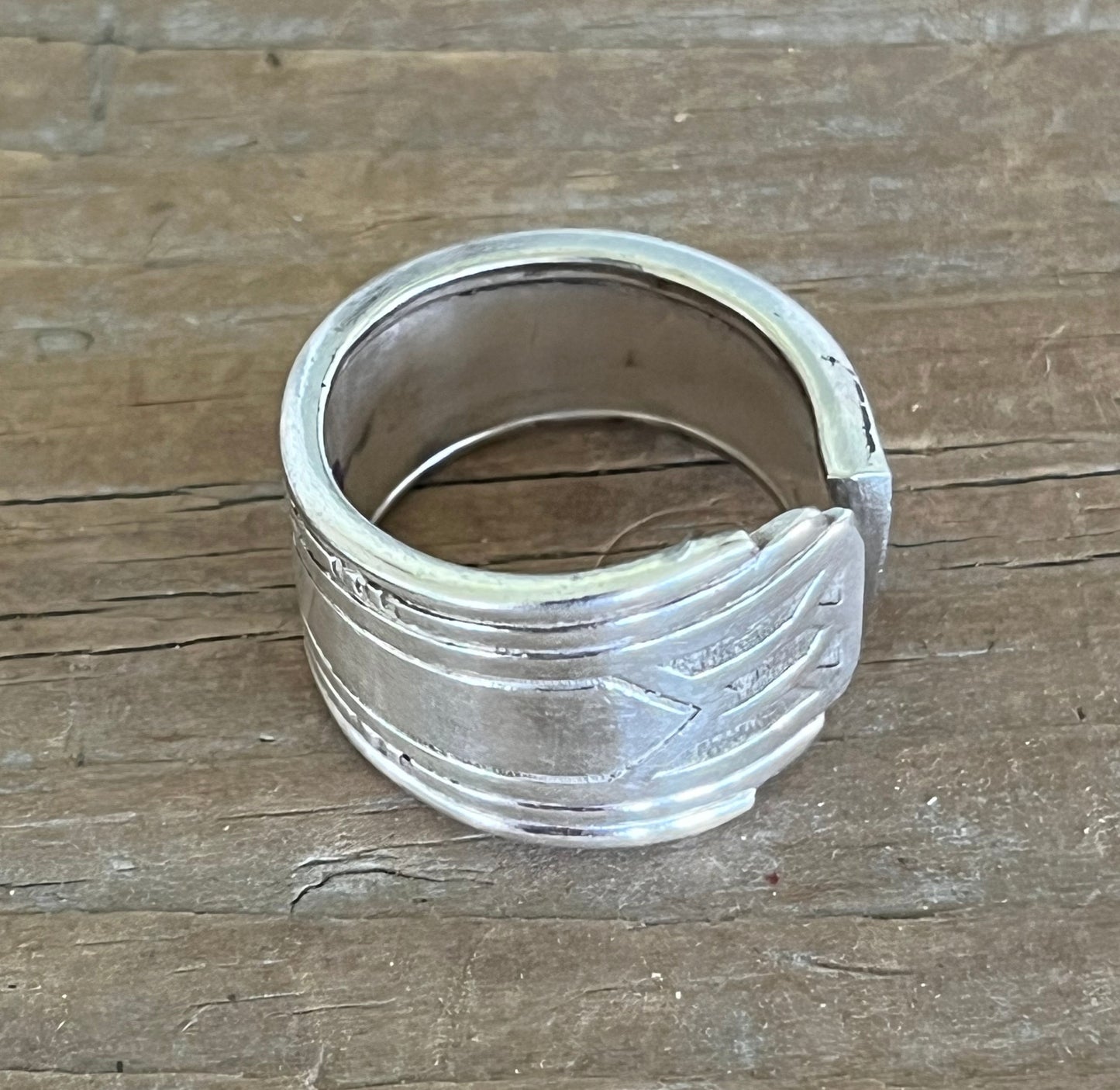 top view of Oneida Friendship Medality spoon ring size 10 - handcrafted from upcycled vintage silverware - Laughing Frog Studio
