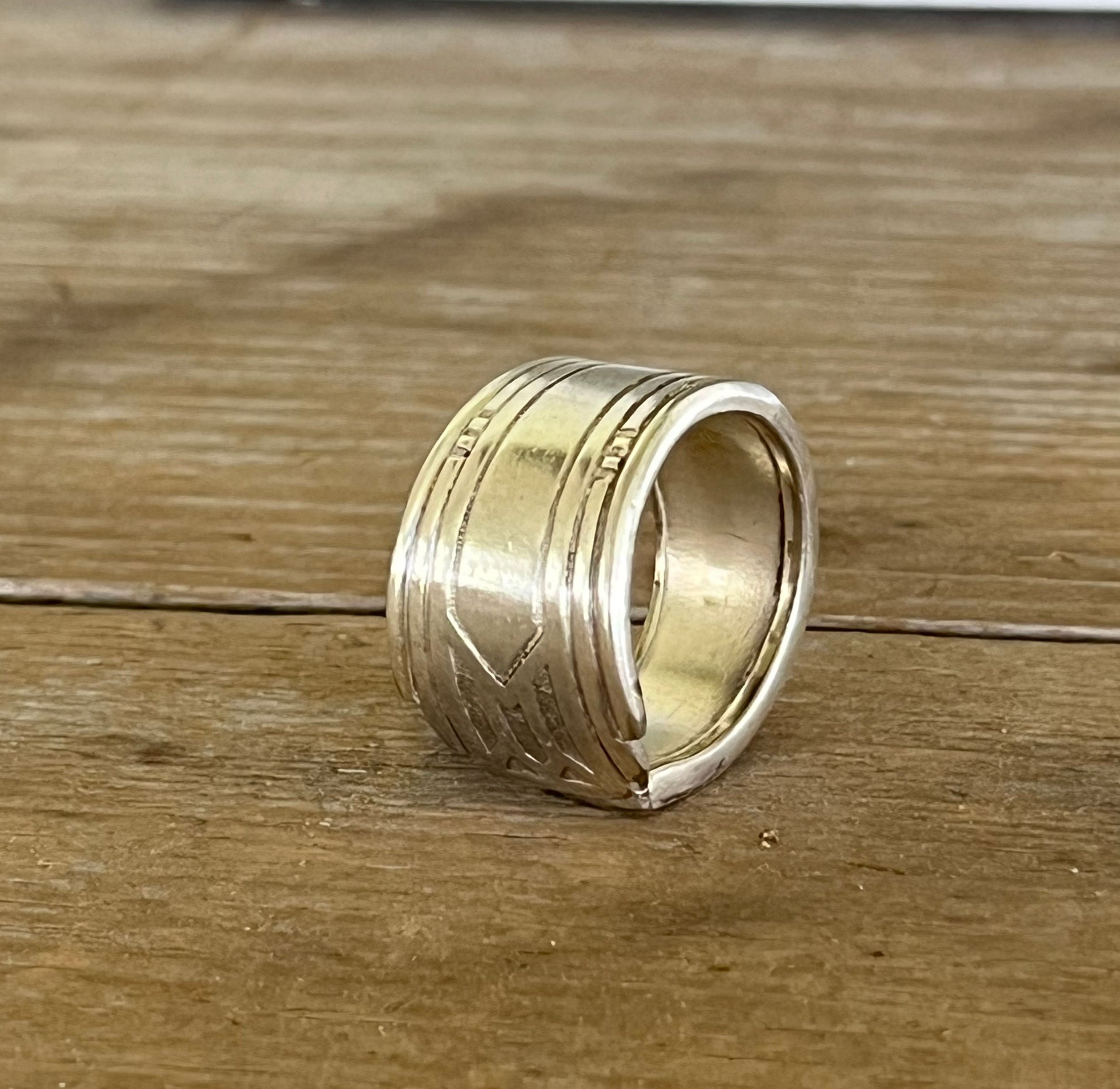 Side contour view of Art Deco geometric Oneida Friendship Medality spoon ring structure - handcrafted from upcycled vintage silverware - Laughing Frog Studio