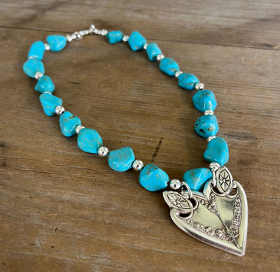 Lacy heart pendant choker necklace handcrafted from 1847 Rogers Brothers Old Colony vintage silverware flat lay photo - Laughing Frog Studio