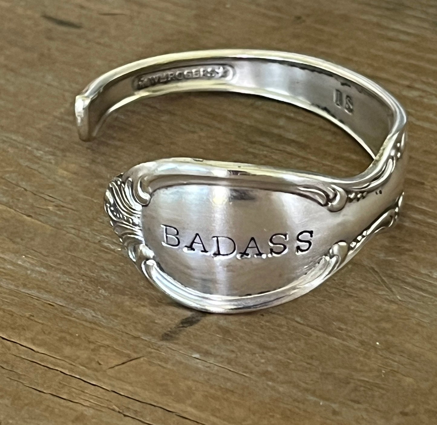 Close up of PRECIOUS MIRROR hand-stamped BADASS spoon cuff bracelet - handcrafted from upcycled vintage silverware - Laughing Frog Studio