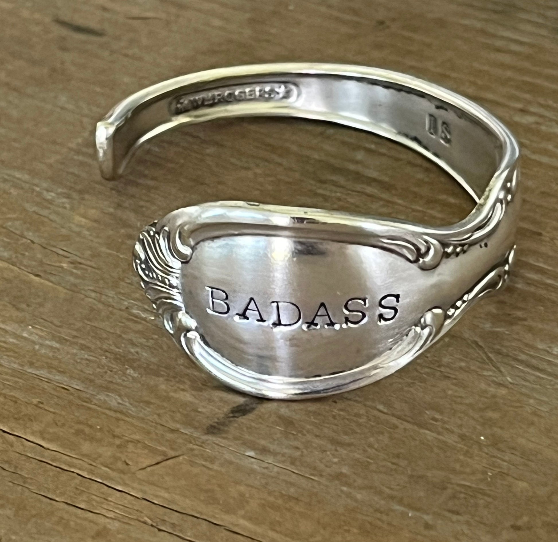 Close up of PRECIOUS MIRROR hand-stamped BADASS spoon cuff bracelet - handcrafted from upcycled vintage silverware - Laughing Frog Studio