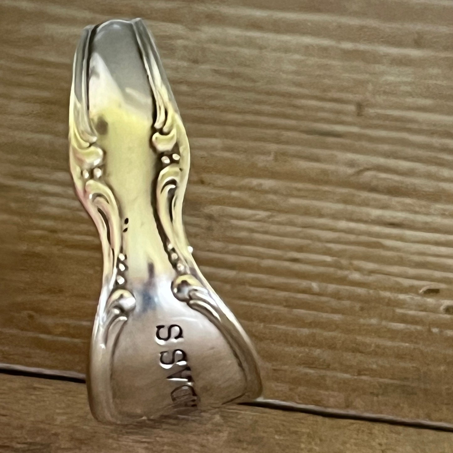 Top view of PRECIOUS MIRROR hand-stamped BADASS spoon cuff bracelet - handcrafted from upcycled vintage silverware - Laughing Frog Studio