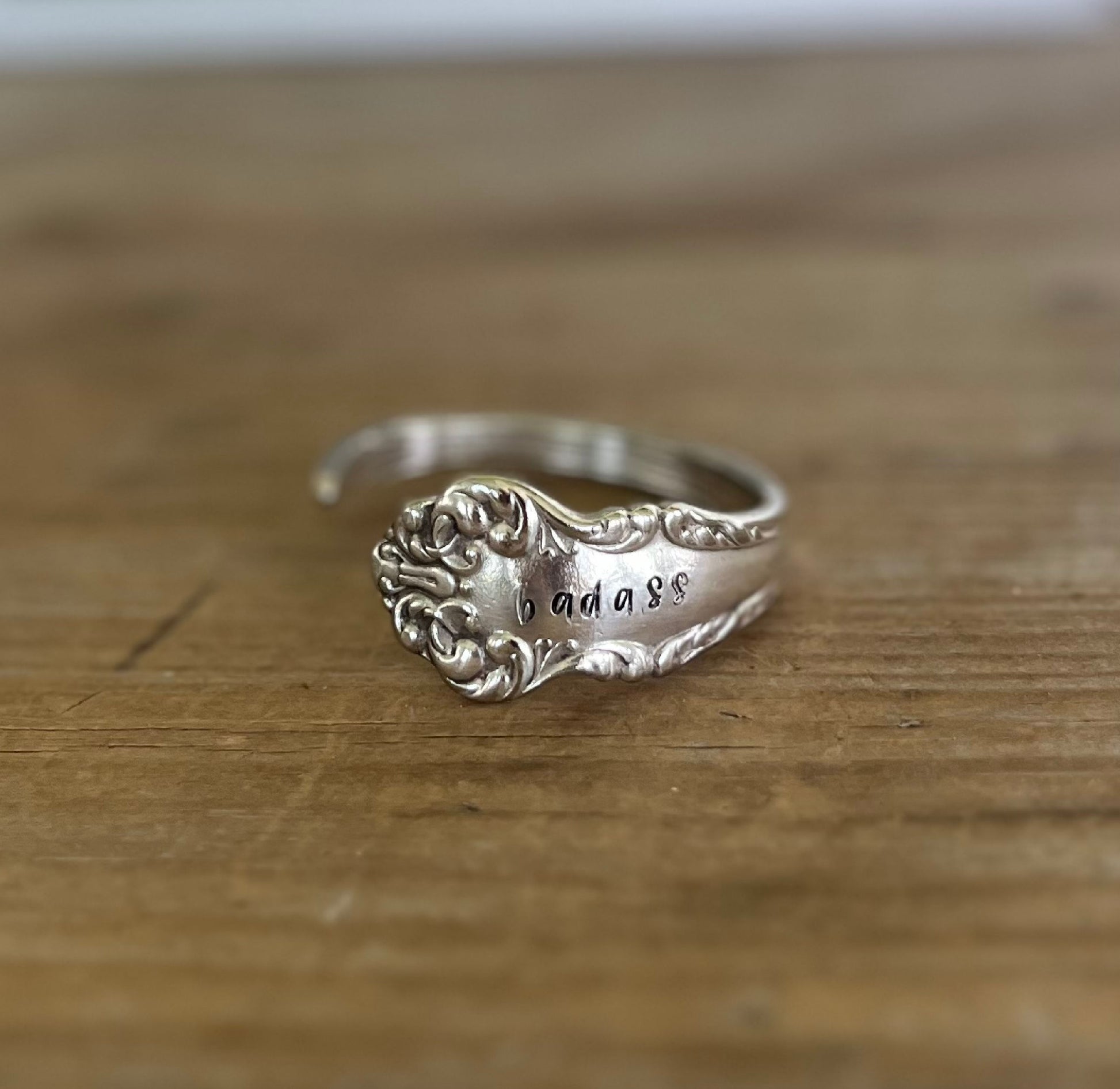 COMMUNITY AVALON hand-stamped BADASS spoon cuff bracelet - handcrafted from upcycled vintage silverware - Laughing Frog Studio