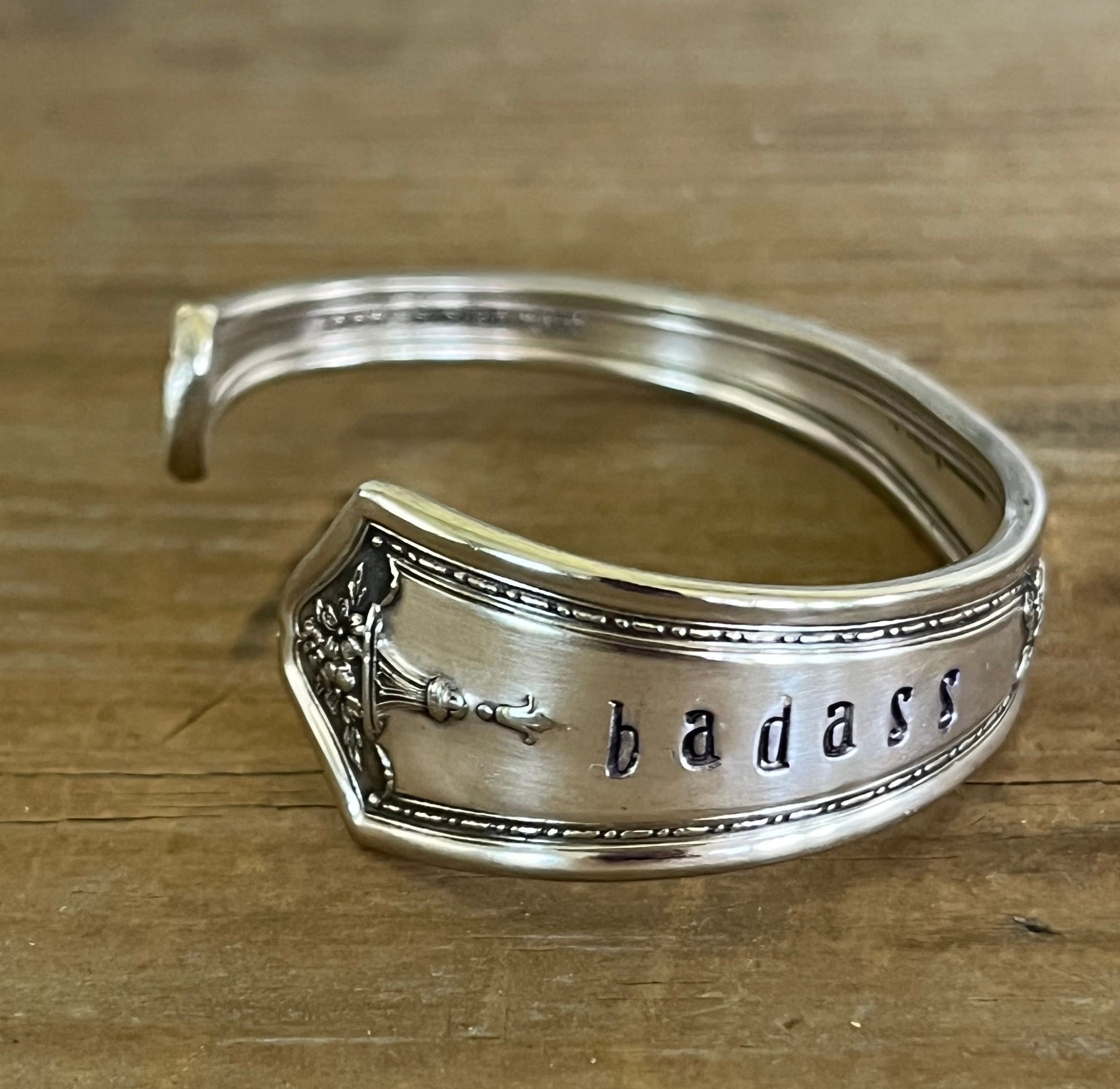 Close up of R.C. Co BOUQUET / VENDOME hand-stamped BADASS spoon cuff bracelet - handcrafted from upcycled vintage silverware - Laughing Frog Studio