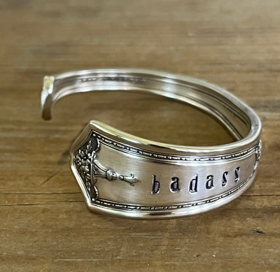 Close up of R.C. Co BOUQUET / VENDOME hand-stamped BADASS spoon cuff bracelet - handcrafted from upcycled vintage silverware - Laughing Frog Studio