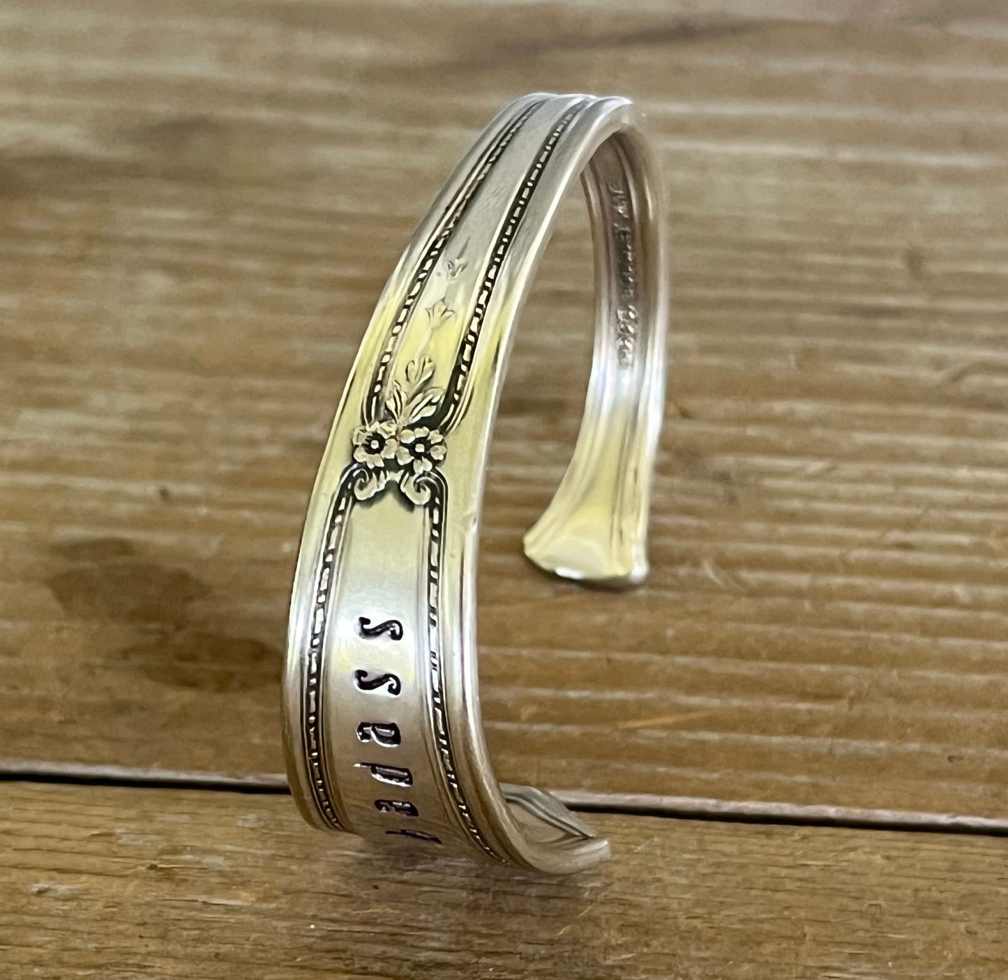 Top view of R.C. Co BOUQUET / VENDOME hand-stamped BADASS spoon cuff bracelet - handcrafted from upcycled vintage silverware - Laughing Frog Studio