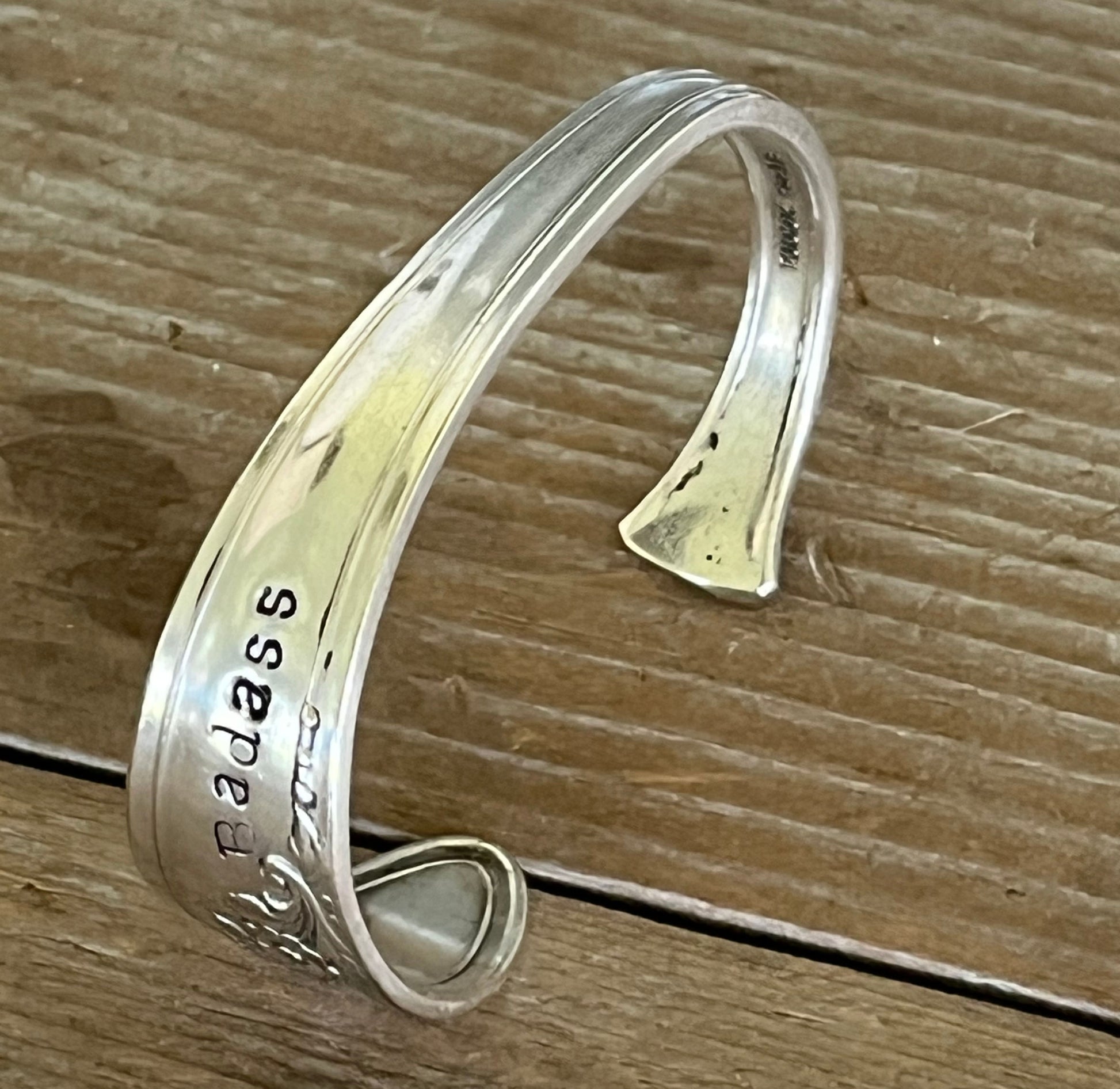Alternate view of QUEEN BESS hand-stamped BADASS spoon cuff bracelet - handcrafted from upcycled vintage silverware - Laughing Frog Studio