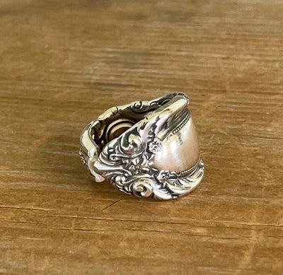 Towle King Richard sterling silver spoon ring front view - handcrafted from upcycled vintage silverware - Laughing Frog Studio