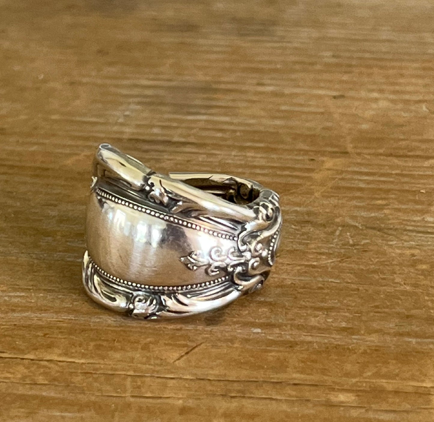 Towle King Richard sterling silver spoon ring panel view - handcrafted from upcycled vintage silverware - Laughing Frog Studio