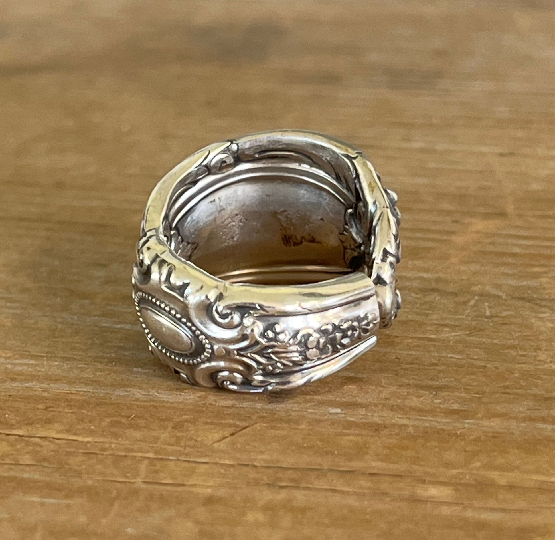 Inside view of Towle King Richard sterling silver spoon ring - handcrafted from upcycled vintage silverware - Laughing Frog Studio