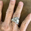 Alternate view of Towle King Richard sterling silver spoon ring on model's finger - handcrafted from upcycled vintage silverware - Laughing Frog Studio